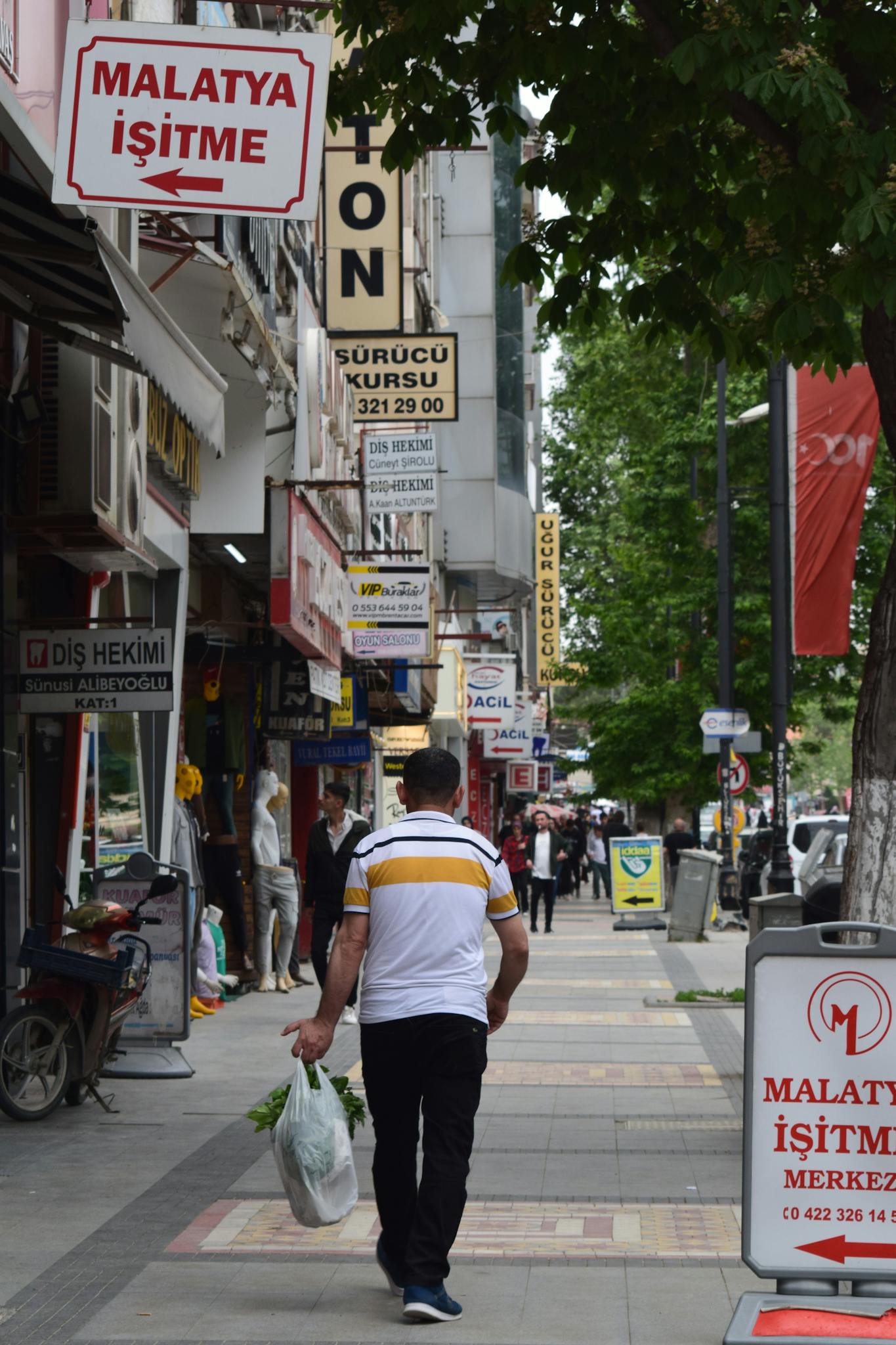 Vibrant street in Malatya, Türkiye with people walking past shops and signs.